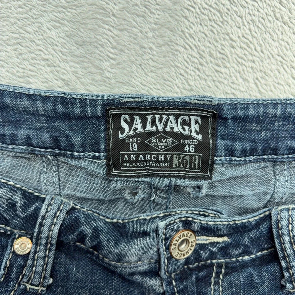 Salvage Jeans Mens 36R Blue Anarchy Relaxed Straight Distressed Acid Wash Denim